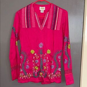 Vibrant Hot Pink Embroidered Long-Sleeve Tunic Medium